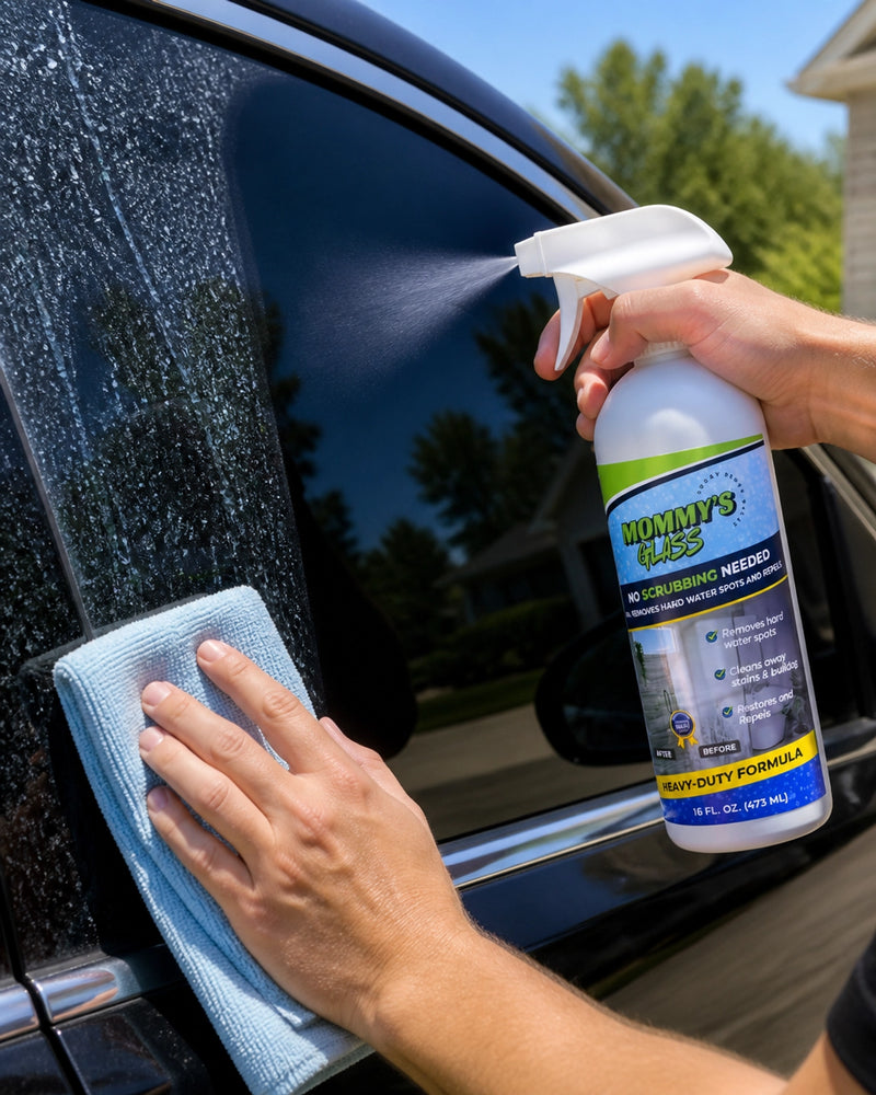 Mommy's Glass being sprayed on a car window covered with sprinkler water spots