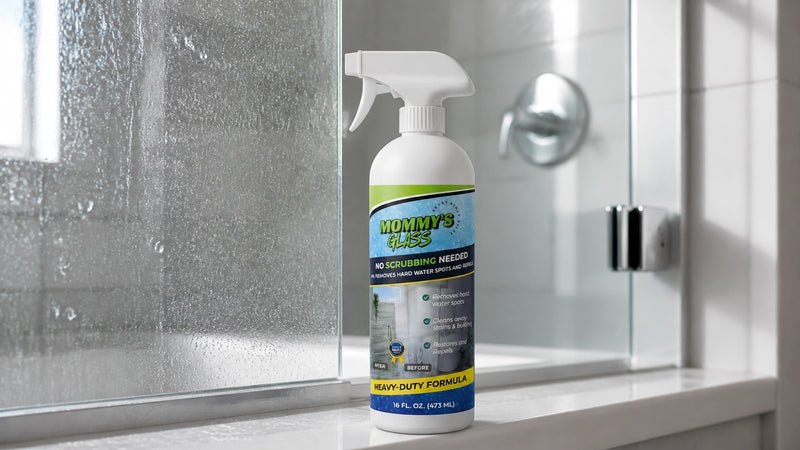 Mommy’s Glass hard water spot remover on a shower ledge beside cloudy and clear glass