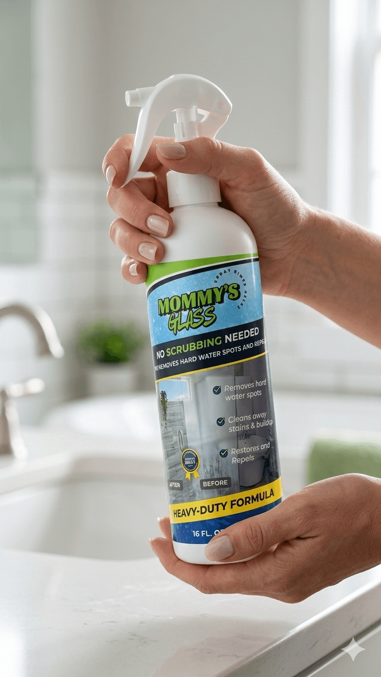 Mommy's Glass bottle held while cleaning a shower door
